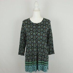 J. Jill Women's Medium Blue White Scoop Neck 3/4 Sleeve Knit Tunic Blouse